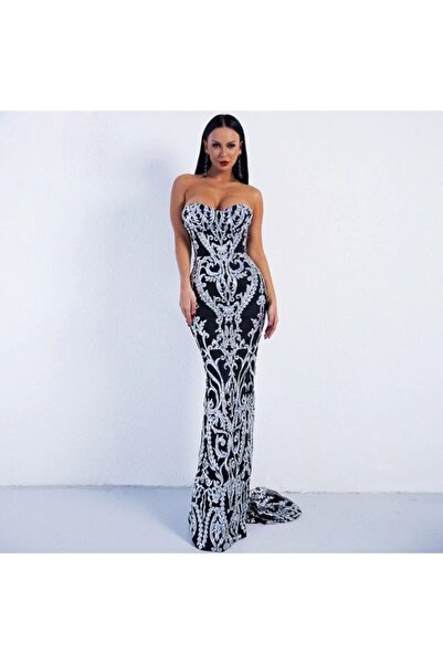 FASHION COCKTAIL Uzun Kuyruklu Payet Pul Işleme Straples Balık Model Esnek Abiye Nişan Davet Elbise