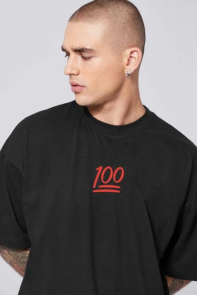 FAVORİST Μπλουζάκι Unisex Μαύρο 100% εμπριμέ Oversize Crew Neck Βαμβακερό μπλουζάκι