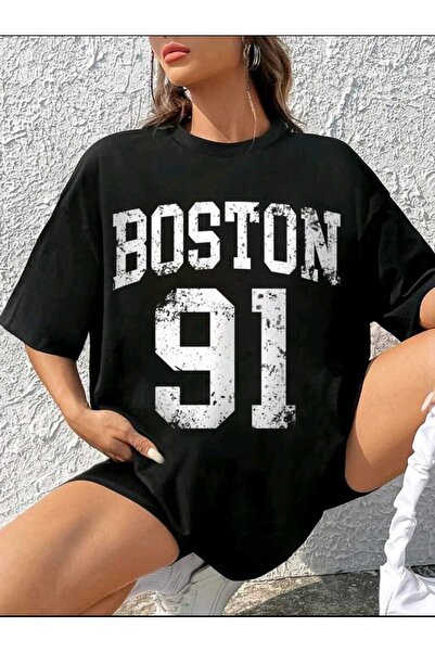 FAVORİST Αθλητικό μπλουζάκι Boston Printed Oversize μαύρο βαμβακερό