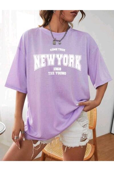 FAVORİST Come True New York Printed Oversize Sports Crew Neck Βαμβακερό μπλουζάκι