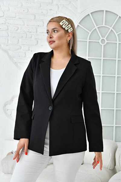 SİZ Siyah Büyük Beden Kolu Katlanır Tek Düğme Ceket