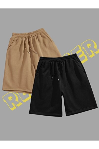 Revasser Едноцветни къси къси панталони от пениран памук от 2 комплекта унисекс