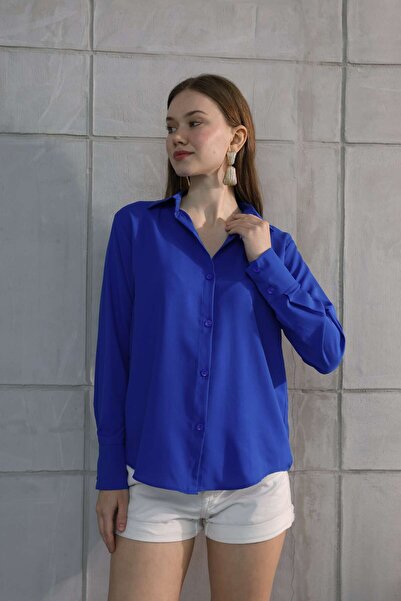 STİLPİX Kadın Sax Kruvaze Yaka Spor Basic Gömlek | Women's Sax Double Breaste...