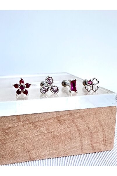 BY DİLEK ÇETİN ACCESSORY Cerrahi Çelik 4 lü pembe kombin kıkırdak helix tragu...