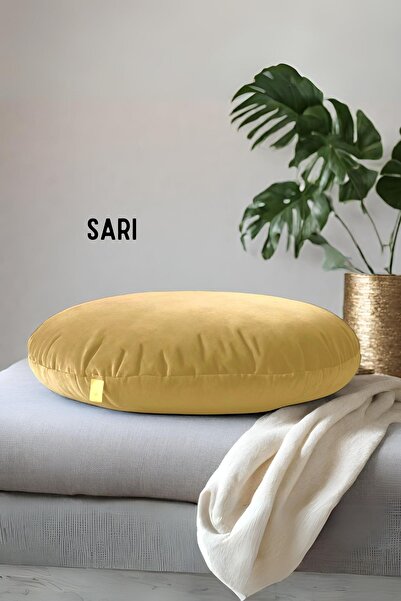 Elyaf Sepeti Yuvarlak Pofuduk Yer Minderi Puf Minder Bench Yumuşak Kumaş 68x68x15 cm SARI