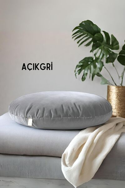 Elyaf Sepeti Yuvarlak Pofuduk Yer Minderi Puf Minder Bench Yumuşak Kumaş 68x68x15 cm Açık Gri