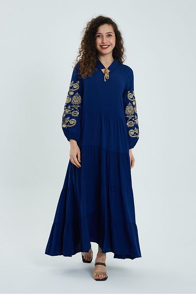 Denismoda Women's Prevailing Collar Lace-up Sleeve Embroidery Detailed Viscose Dress