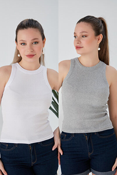 CATSPY Set de 2 modele Zargo, bluză crop cu guler halter și elastic din tricot.