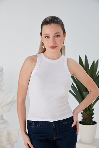CATSPY Beyaz Gri Zargo Model 2'li Set Fitted Geniş Biyeli Halter Yaka Fitilli Esnek Örme Crop Bluz