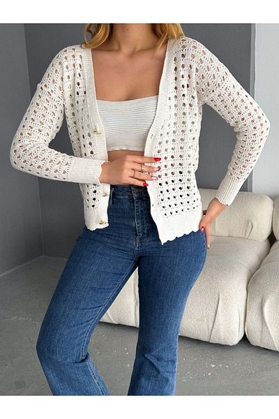 Serica Moda Gold Buttoned Cotton Mesh Cardigan
