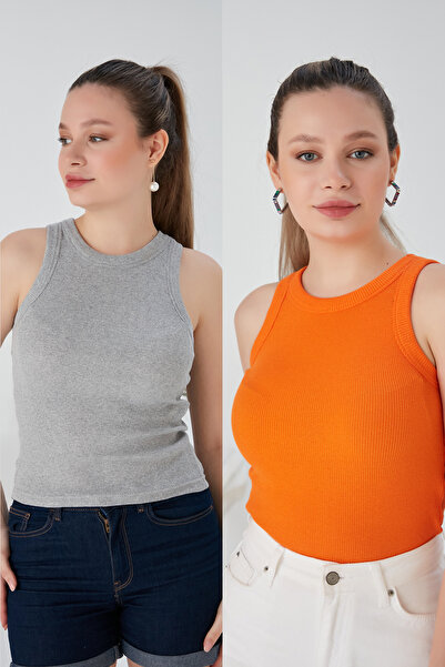 CATSPY Zargo Model Σετ 2 - Γκρι και πορτοκαλί μπλούζα με ριμπ λαιμόκοψη με φα...