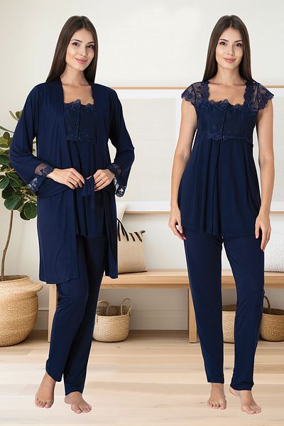 lohusahamile Navy Blue Lace Maternity Pajamas Set with Dressing Gown 2301