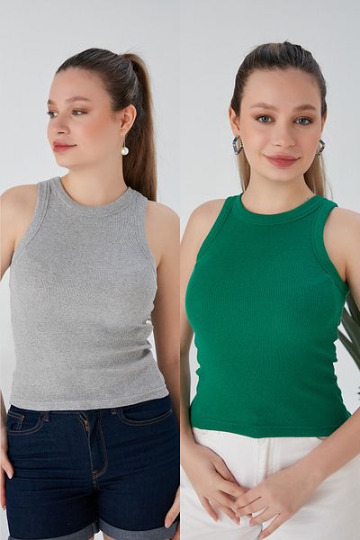 CATSPY Gray Green Zargo Model Set of 2 Fitted Wide Piping Halter Neck Ribbed Flexible Knitted Crop Blouse