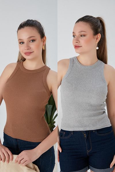 CATSPY Biscuit Gray Zargo Model Set of 2 Fitted Wide Piping Halter Neck Ribbed Flexible Knitted Crop Blouse