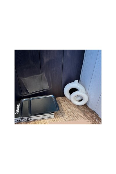 AHİR TİCARET 2'li Kare Lüx Paslanmaz Çelik Gümüş Renk 21x21 Kahve Servis Sunum Tepsisi&tabağı