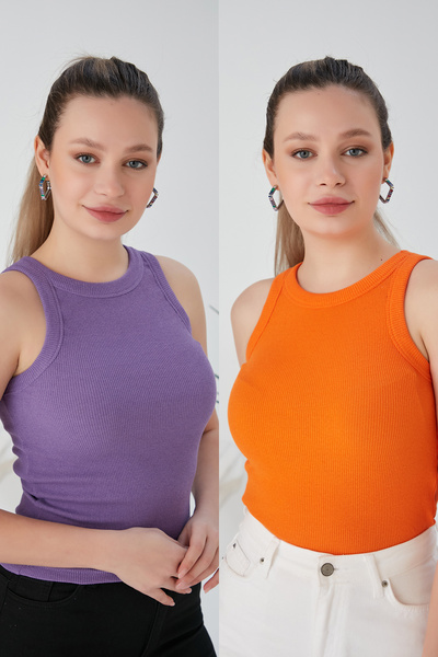 CATSPY Λιλά Πορτοκαλί - Ζαργκό Μοντέλο Σετ 2, Strechy Ribbed Halter Neck Crop...