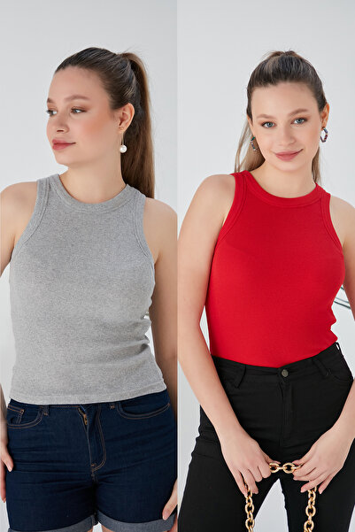 CATSPY Set de 2 modele Zargo, gri și roșu, bluză crop tricotată flexibilă cu ...