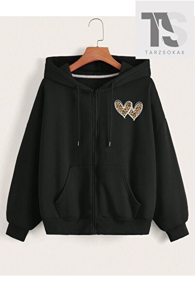 Tarzsokak Суитшърт с леопардов принт и сърца, кардиган с цип, черен