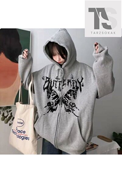 Adrift Gothic Retro Dark GrayButterfly Hooded Baskılı Oversize Fermuarlı Unis...