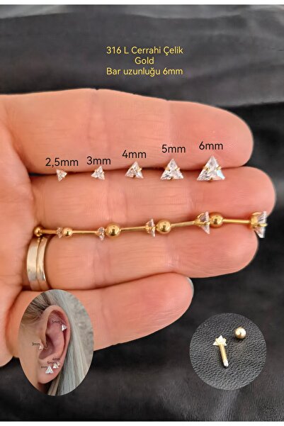 Bylin %100 316 L Cerrahi Çelik Uçgen Tek Taş Piercing - Bar Uzunluğu 6mm - 1 ...