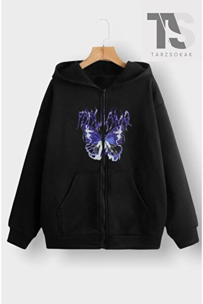 Adrift Mor Kelebek Yazılı Sweatshirt Fermuarlı Hırka