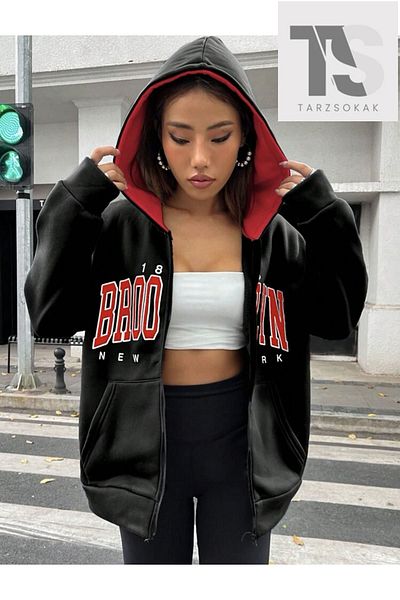 Adrift Black Red Hooded Zippered Brooklyn Oversize