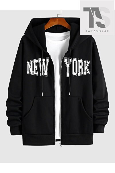 Tarzsokak New York Yazılı Sweatshirt Fermuarlı Hırka Siyah