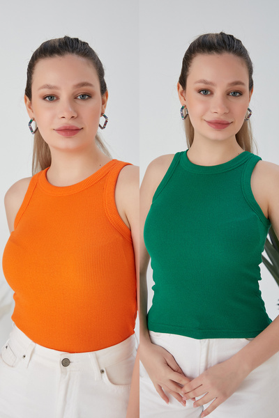 CATSPY Set de 2 verde portocaliu - Bluză decoltată, cu guler, cu striate elas...