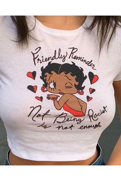 Toum Tricou grafic cu desene animate Y2k Crop alb