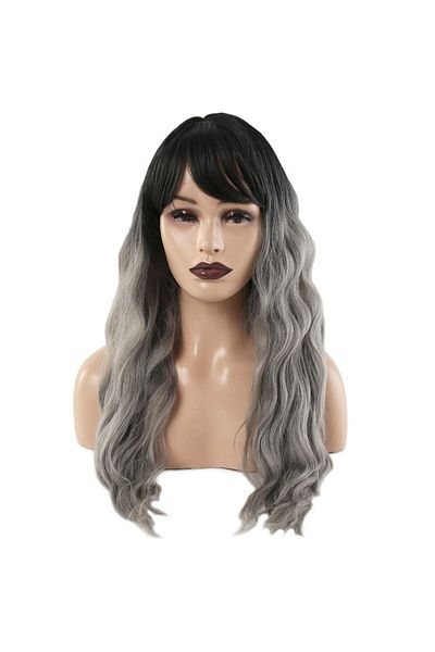 KONAK PERUK Fiber Synthetic Wig - Long Water Wave, with Perch, Black/Grey Ombrel