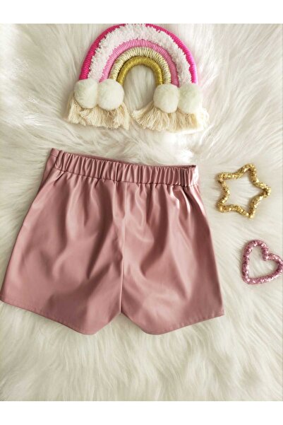 eladamoda Kız Çocuk Gül Kurusu Deri Şort Etek