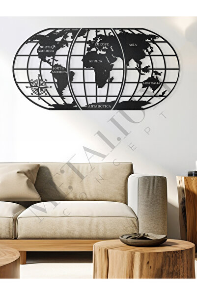 Metalium Concept Dekoratif Ingilizce Kıta Yazılı Dünya Haritası Metal Duvar T...