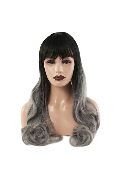 KONAK PERUK Black Gray Ombre Long Wavy Fiber Wig with Bangs