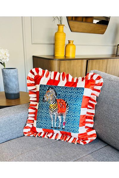 ge living Zebra Patterned Orange Velvet Throw Pillow Cover - Hope Series Special Design Ruffled