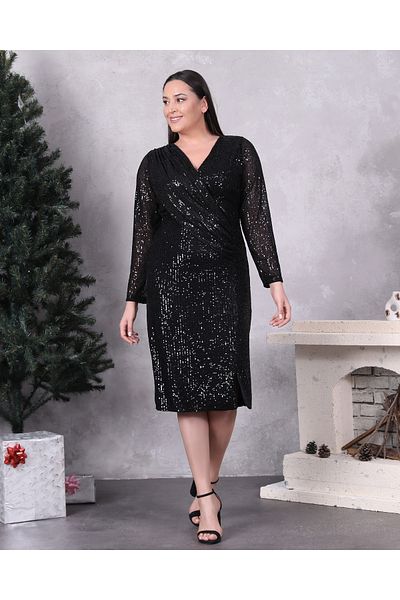 Moda Tuğram Βραδινό φόρεμα Midi με κεντημένη παγιέτα μαύρη