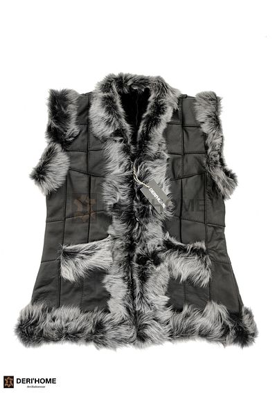 DERİHOME Women's Genuine Leather Vest with Fur Inside and Gray Tuscan Feather