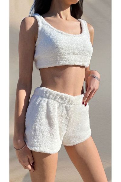 Le Savu SET DE PIJAMALE CROP DE PLUȘ ECRU SHILSEE