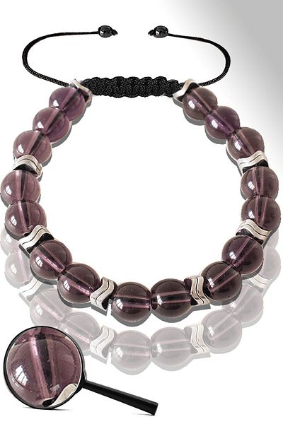 Tesbih Atölyesi Certified Silver Sergeant Hematite Fuchsia Glass Quartz Stone Bracelet - Adjustable