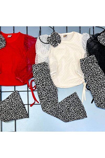 KOKOSH Kız çocuk kolları organze leopar desenli pantolonlu takım