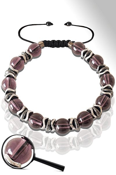 Tesbih Atölyesi Certified Silver Hematite Fuchsia Glass Quartz Stone Bracelet - Adjustable