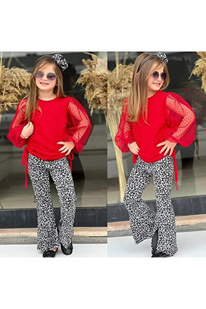KOKOSH Kız çocuk kolları organze leopar desenli pantolonlu takım