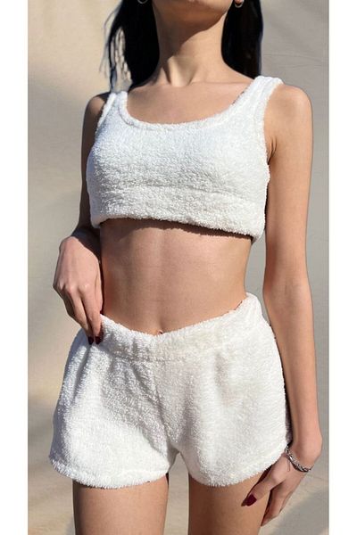 Le Savu SET DE PIJAMALE CROP DE PLUȘ ECRU SHILSEE