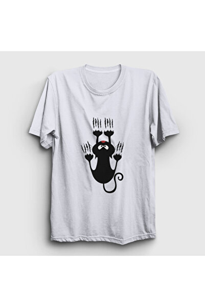 Unisex Beyaz Tırmanan Kedi T-Shirt 328200tt