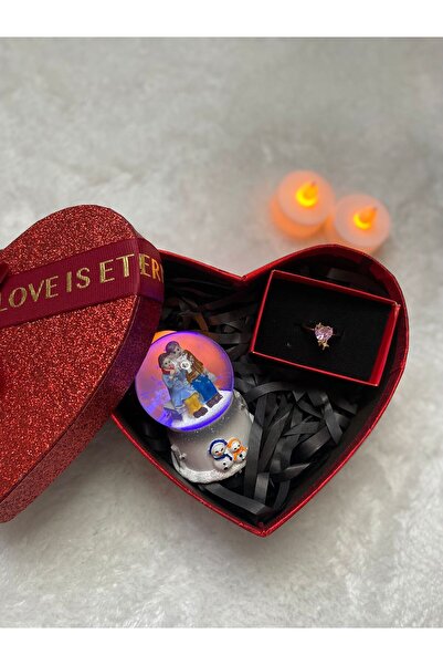 Çelik sevgililer günü kalpli set kar küresi ciddi ilişki yüzüğü (ayarlanabilir) kutulu set