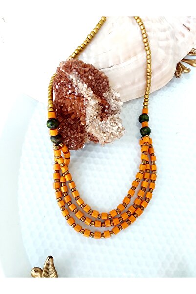 By Song Aksesuar Orange Wooden Authentic Necklace