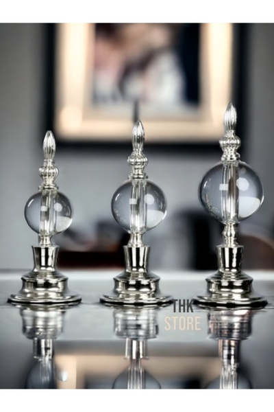 THK STORE Dekoratif 3 Lü Yuvarlak Metal Kristal Cam Küre