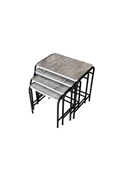 GÜVENÇ 4'lü Zigon Sehpa Metal Siyah Ayaklı Gri Mermer Desen