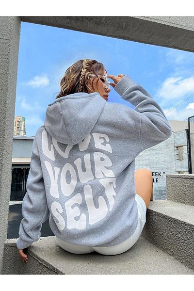 BEETON Love Your Self 3 Thread Thick Winter Sweatshirt - Gray Printed Oversize Hooded Hoodie