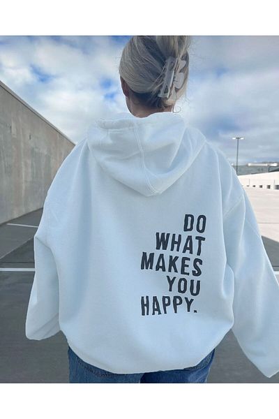 BEETON Χειμερινό φούτερ με χοντρή κλωστή Do Happy 3 - Φούτερ με κουκούλα με λευκή στάμπα
