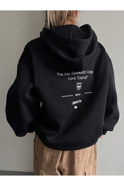 BEETON Growth 3 Thread Thick Winter Sweatshirt - Black Printed Oversize Hooded Hoodie